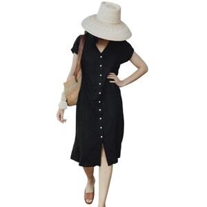 TWO DAYS OFF Women’s Haruko Black Linen Button Front Midi Dress Small
